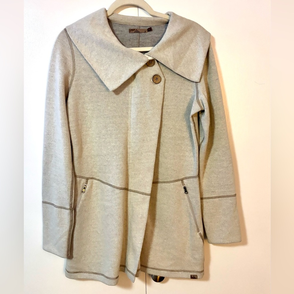 prAna Sephra Asymmetrical Recycled Wool Blend Jacket Oatmeal Gray EUC Medium